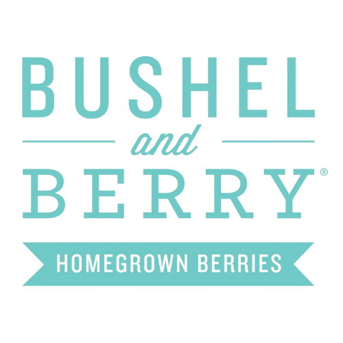 Bushel and Berry homegrown berries logo in teal and white typography on a white background.