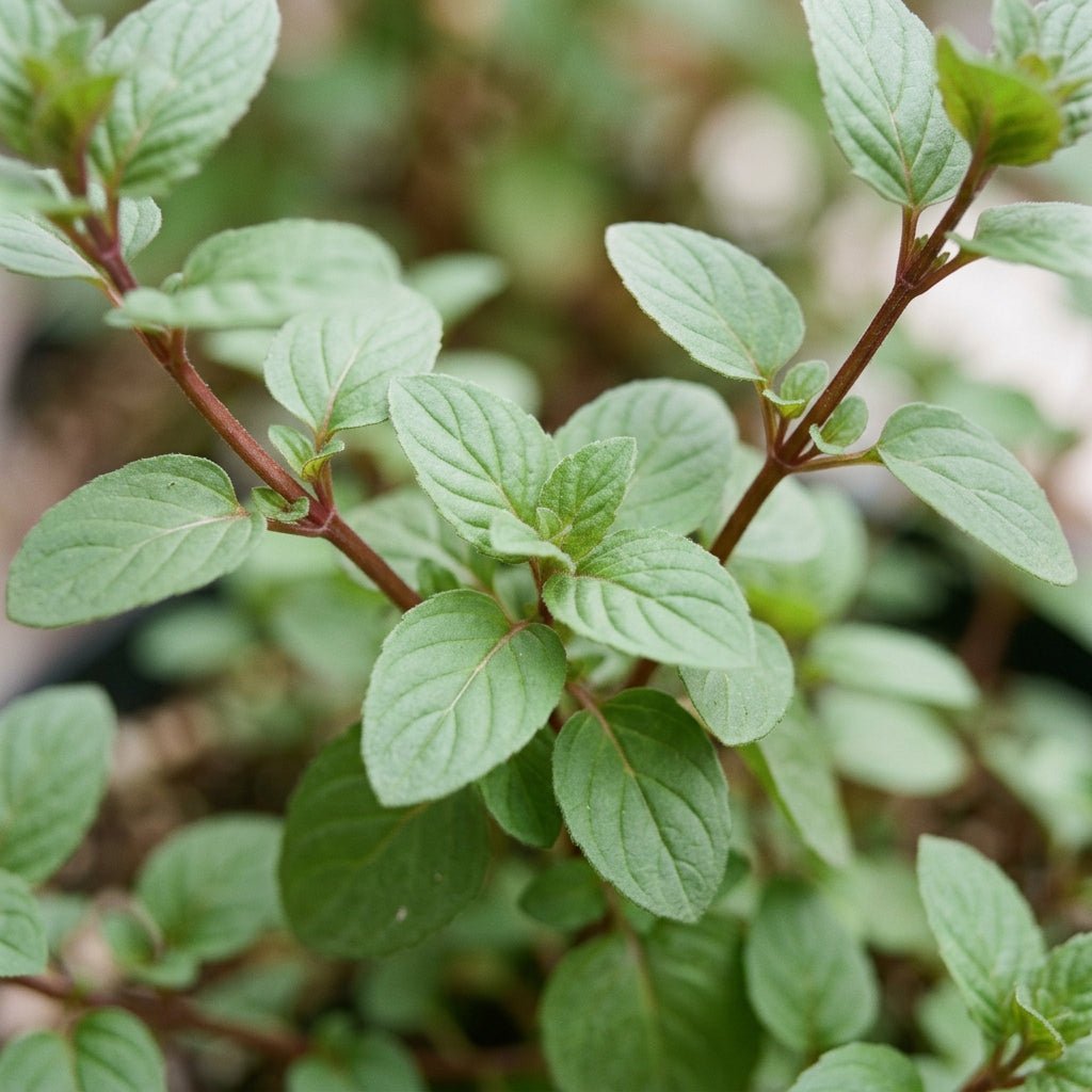 Macro close-up of a Chocolate Mint plant highlighting its softer green leaves and distinctive reddish-brown stems.