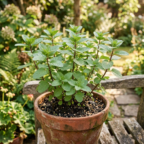 Lush Chocolate Mint plant growing naturally in a rustic terracotta pot within a warm, sunny residential garden setting.
