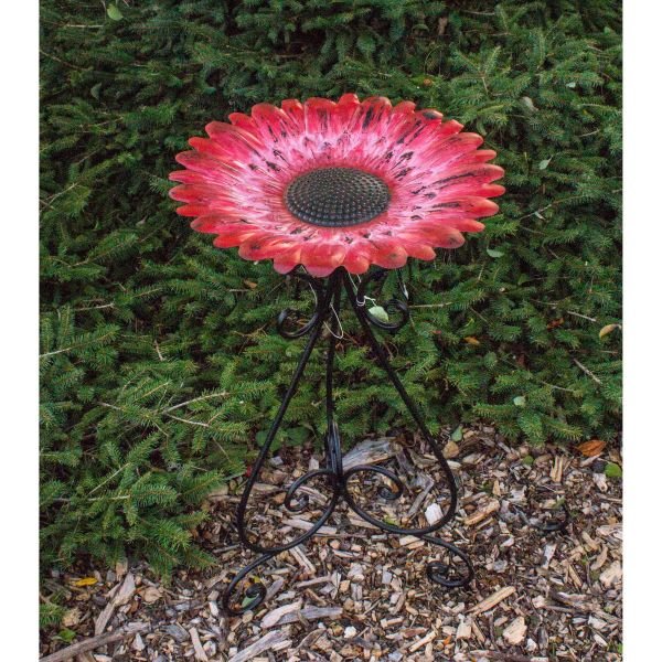 Colorful Red Flower 24 Inch Metal Bird Bath - Nature Hills Nursery - Garden Center Item - 