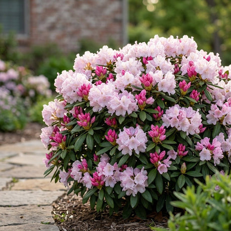 Crete Rhododendron shrub covered in light pink blooms and deep pink buds alongside a stone garden path.