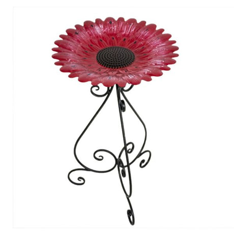 Colorful Red Flower 24 Inch Metal Bird Bath