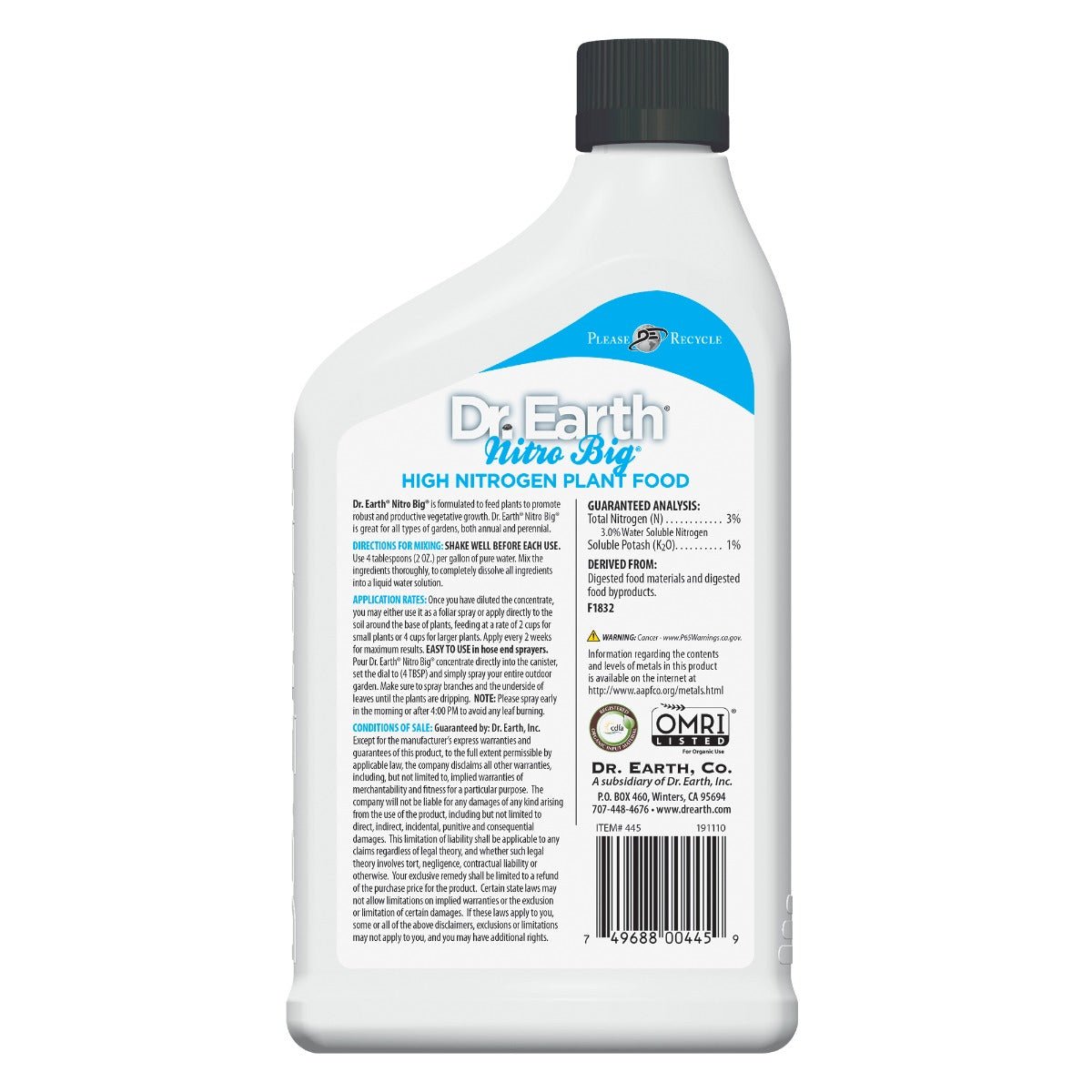 Dr. Earth Natural & Organic Nitro Big High Nitrogen Fertilizer - Nature Hills Nursery - 24 oz - 