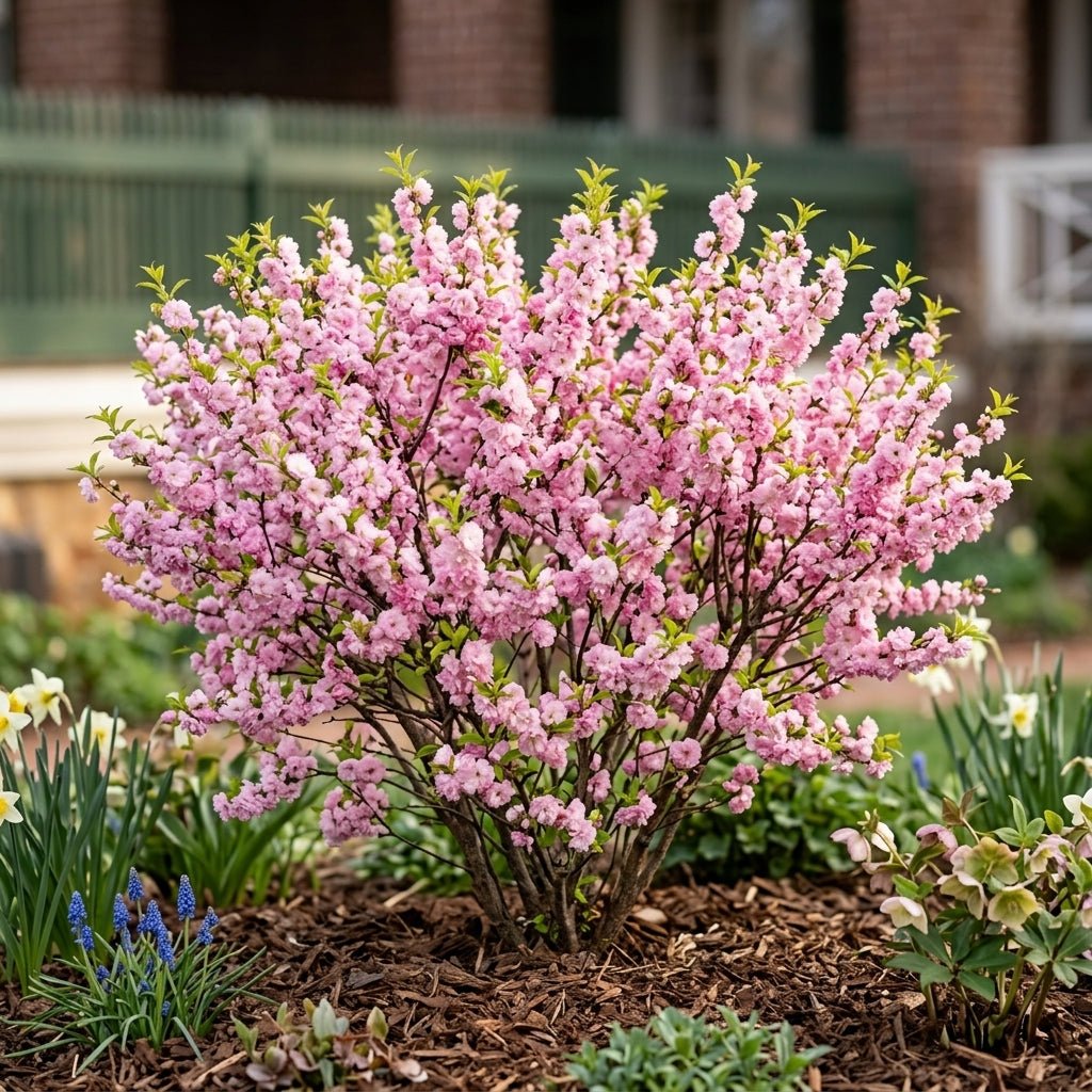 Dwarf Flowering Almond shrub covered in double pink blooms growing in a mulched garden bed with daffodils and grape hyacinths.