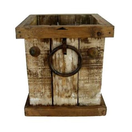 Distressed Wood Short Square Brown Planter With Liner