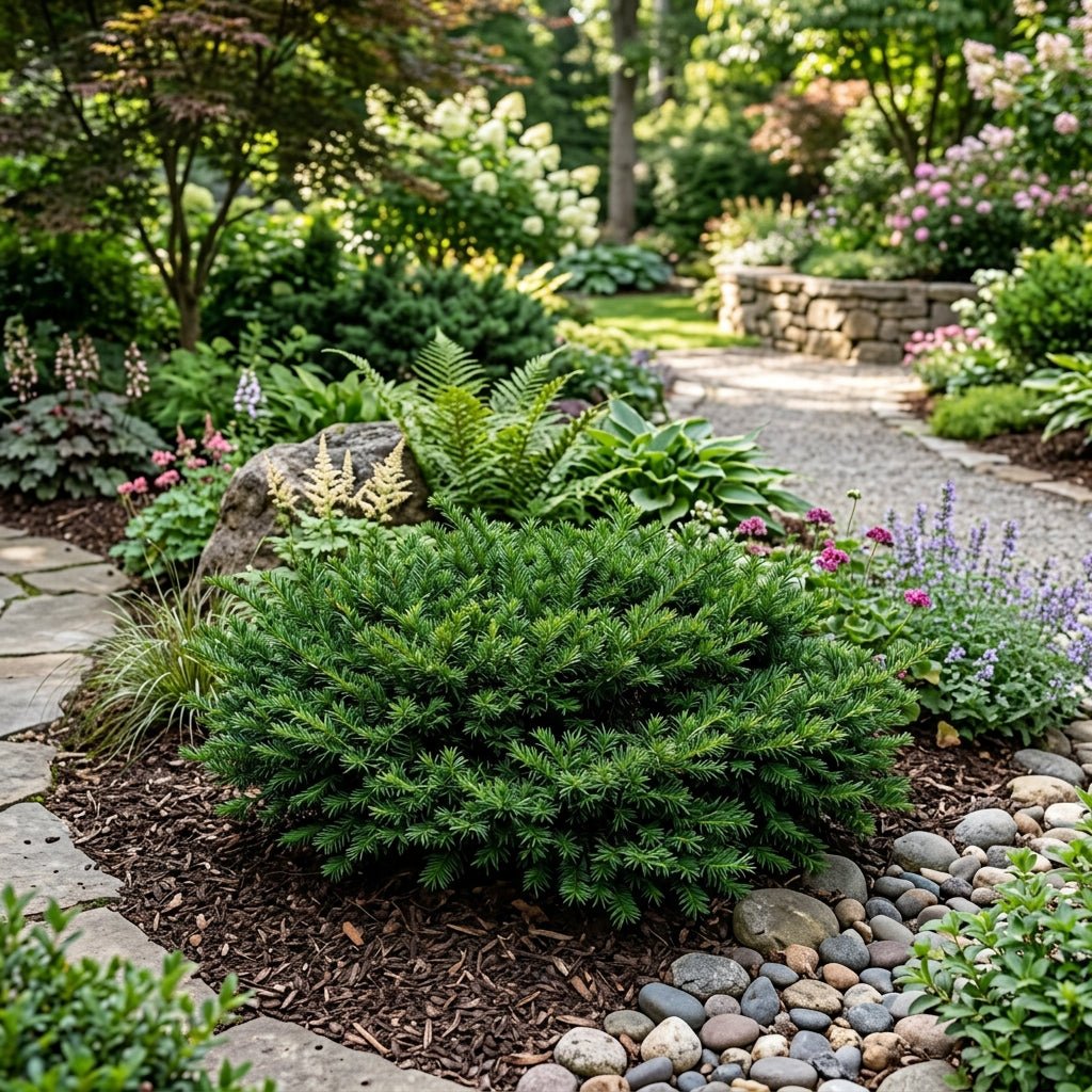 Everlow Yew (Taxus × media 'Everlow'), a shrub featuring evergreen and pyramidal form.