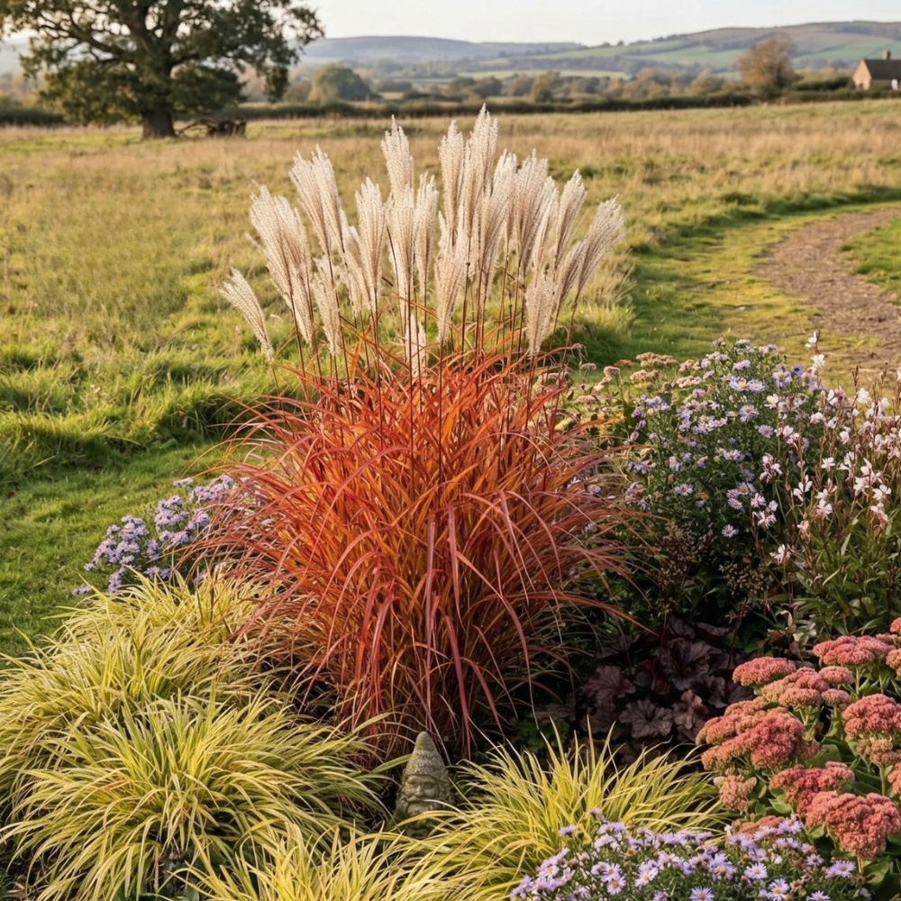 Fire Dragon Maiden Grass with fiery red-orange foliage and silvery plumes anchors a mixed perennial border in an autumn landscape.