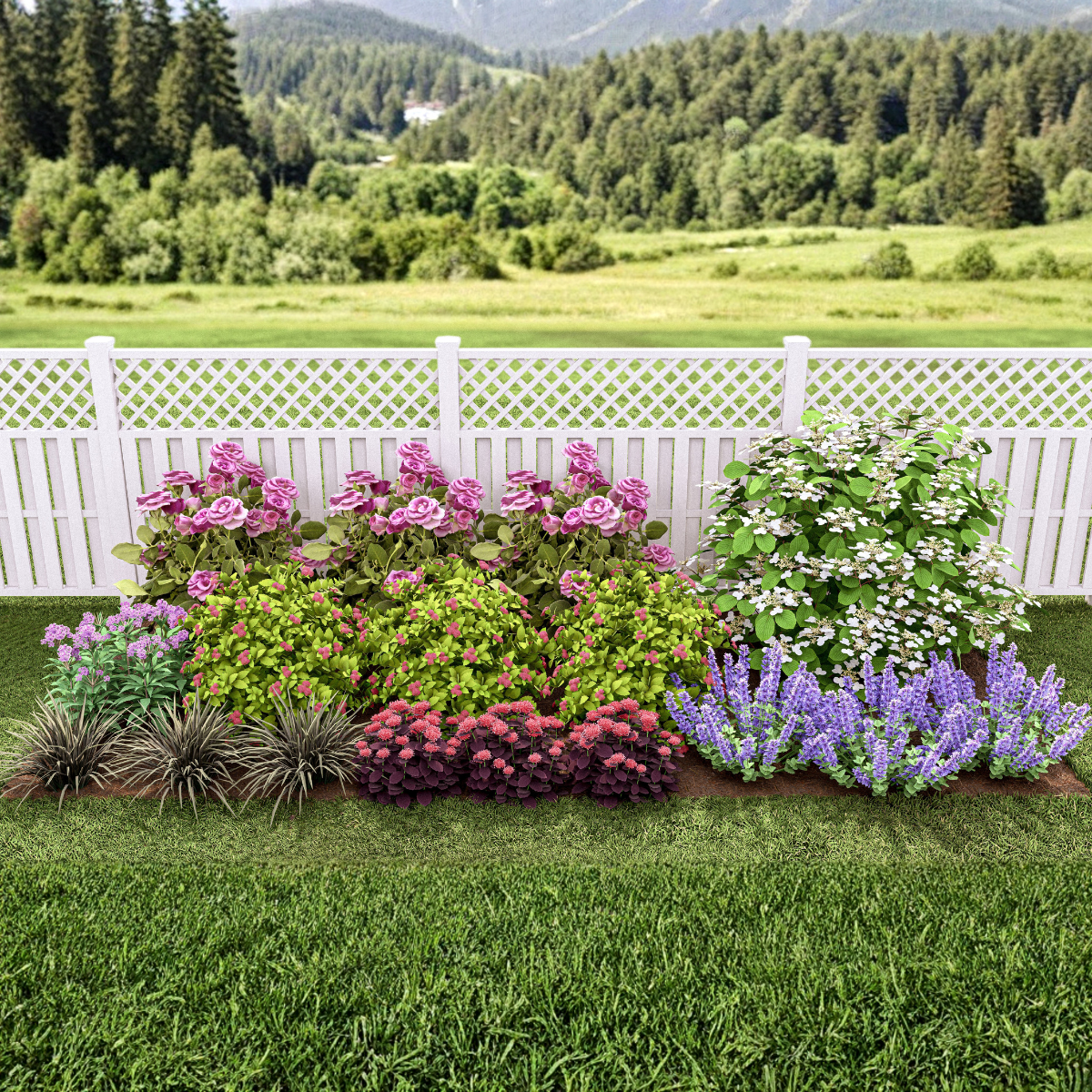 A beautifully arranged garden flower bed planted along a white lattice-top fence, featuring blooming pink roses, large white hydrangeas, and purple salvia set against a scenic mountain landscape background.