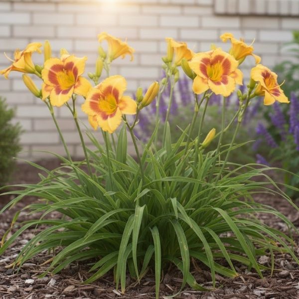 Fooled Me Daylily is a vigorous, easy-to-care-for perennial in a sunny garden bed. This variety offers rich summer color with its striking yellow and deep orange bi-color blooms.