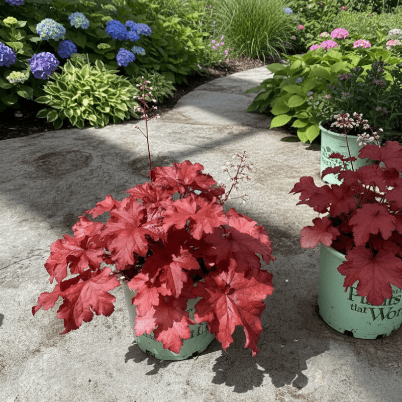 Forever Red Coral Bells display vibrant coral-red foliage in nursery containers on a concrete pathway, with hydrangeas and ornamental grasses.