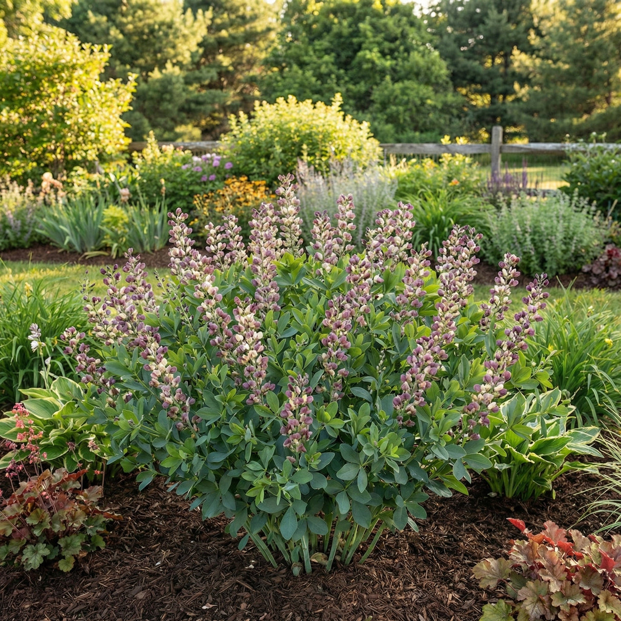 Baptisia Grape Escape False Indigo displaying multiple dusky purple flower spikes with cream keels rising above blue-green foliage in a mixed perennial border with hostas and ornamental grasses