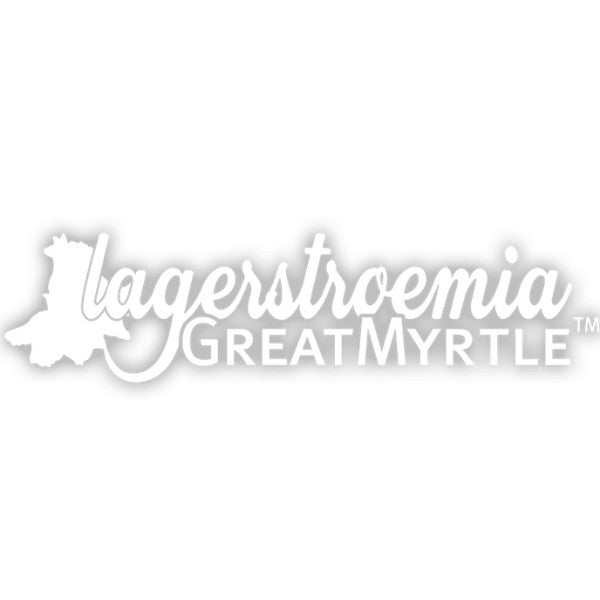 Lagerstroemia Great Myrtle trademark brand logo in white script lettering with a tree silhouette.