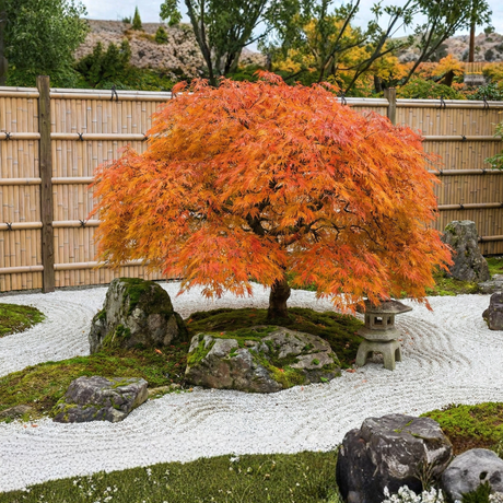 Green Laceleaf Japanese Maple tree displaying vibrant orange and golden autumn foliage in a traditional Japanese Zen garden with white gravel and rocks.