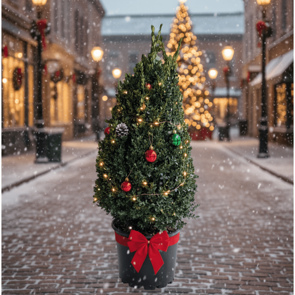 Green Mountain Boxwood in a decorative pot with Christmas ornaments and fairy lights on a snowy brick street.