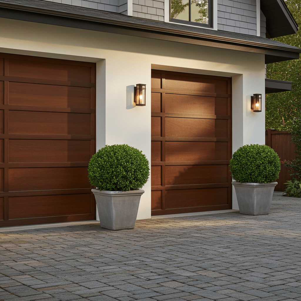 Manicured Green Velvet Boxwood shaped into a sphere in a grey planter, flanking a wooden garage door for modern driveway curb appeal.