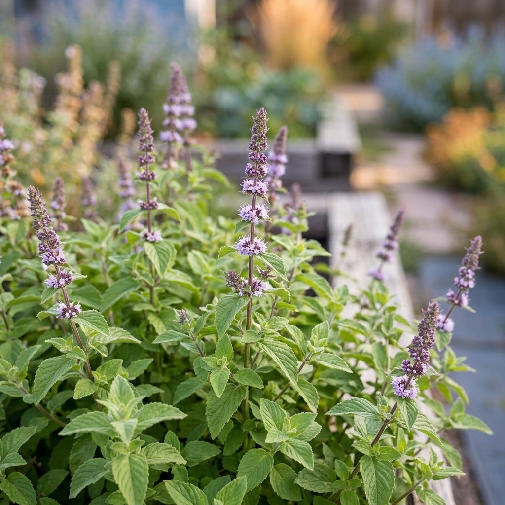 Hillary's Sweet Lemon Mint growing as a lush grouping with subtle purple blooms in a sunny residential herb garden.