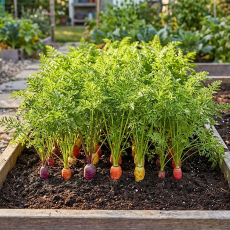 Kaleidoscope Blend Carrots growing in a raised bed, showing colorful purple, orange, and yellow roots emerging from dark soil.