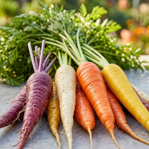 Kaleidoscope Blend Carrots in purple, white, orange, and yellow with green tops arranged on a stone surface.