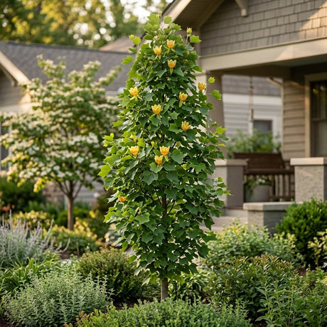 Little Volunteer Tulip Tree with yellow-orange blooms growing in a residential front garden landscape.