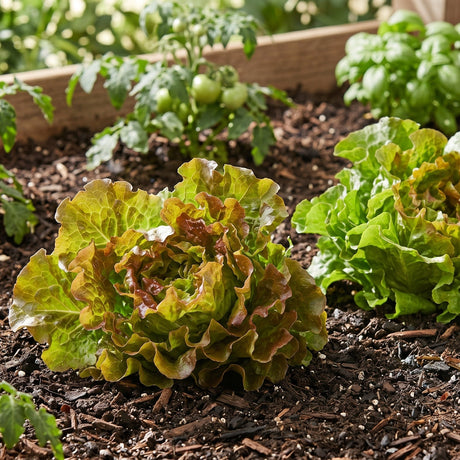 Looseleaf Blend Lettuce heads with ruffled red and green leaves growing in rich dark mulched garden soil alongside tomatoes and basil.