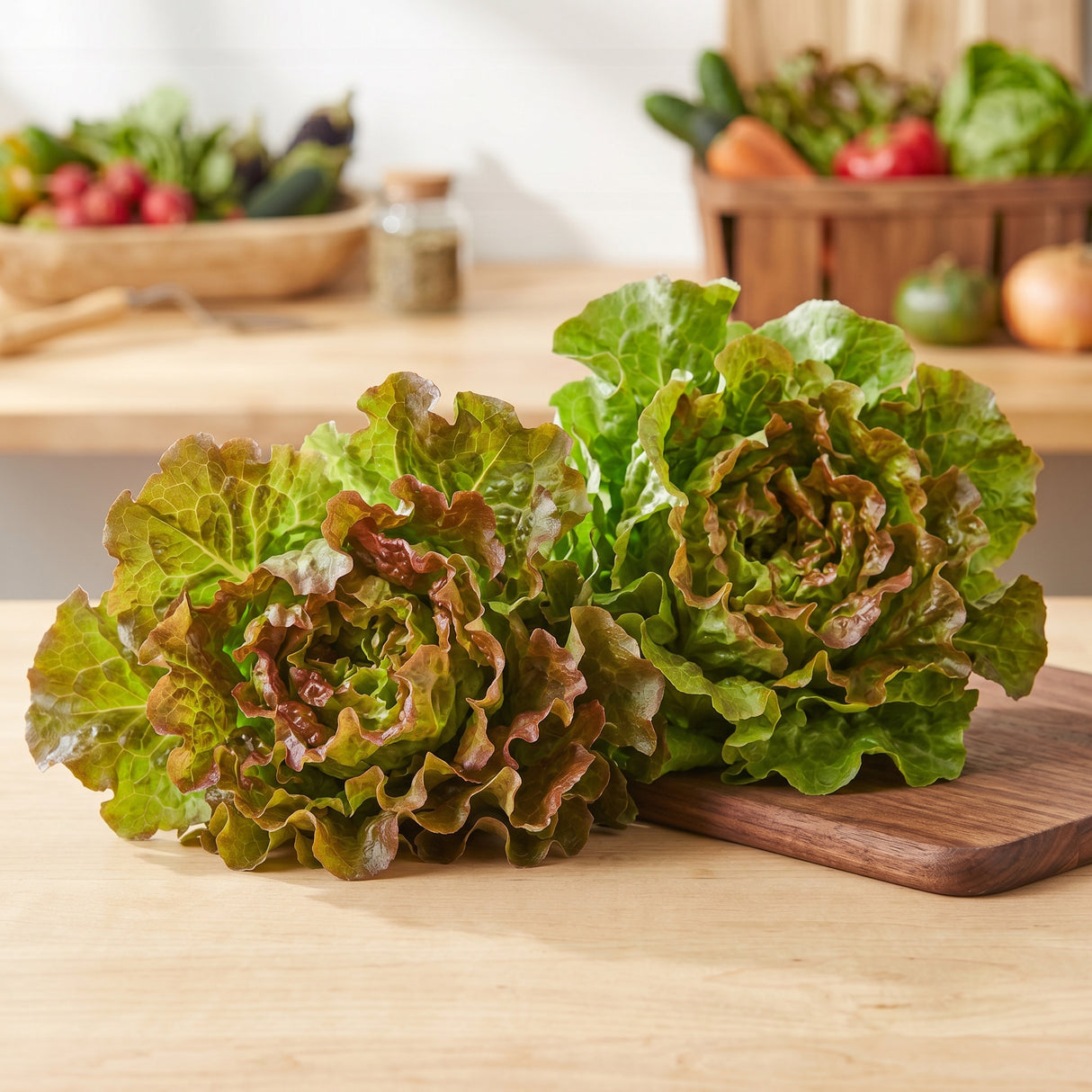 Two heads of Looseleaf Blend Lettuce with green and red-bronze ruffled leaves rest on a wooden cutting board.