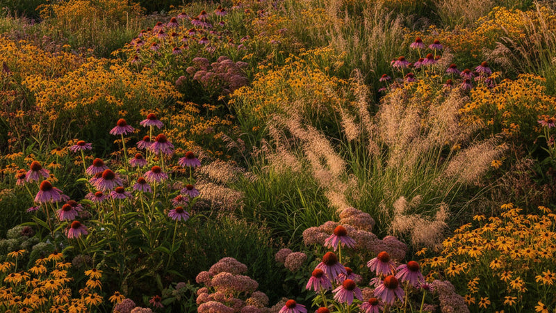 Dense carefree border of purple coneflowers, sedum, and ornamental grasses in warm evening light