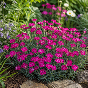Mad Magenta Dianthus mound with intense magenta blooms in a sunny residential garden border.