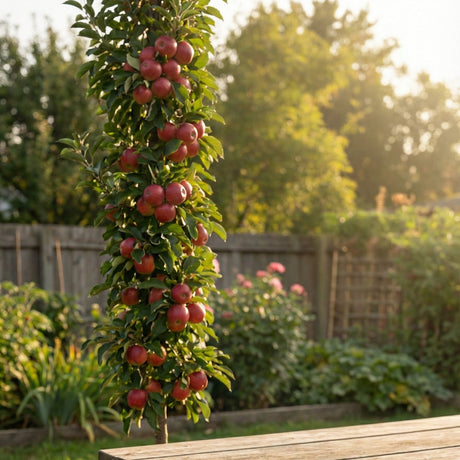 A young columnar apple tree, loaded with ripe red apples, stands in the center of a sun-drenched orchard with sandy soil and black irrigation lines. Other similar apple trees and green bushes are visible in the background under a clear blue sky.