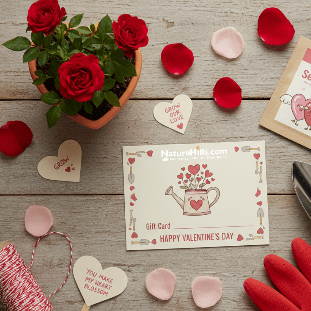 A Valentine's Day themed flat lay on a wooden table featuring a NatureHills.com gift card, a small potted red rose plant, red gardening gloves, and heart-shaped notes saying 'Grow Our Love' and 'You Make My Heart Blossom'.