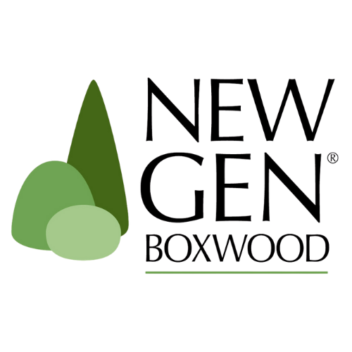 New Gen Boxwood brand logo featuring stylized green shrub illustrations and bold typography on a white background.