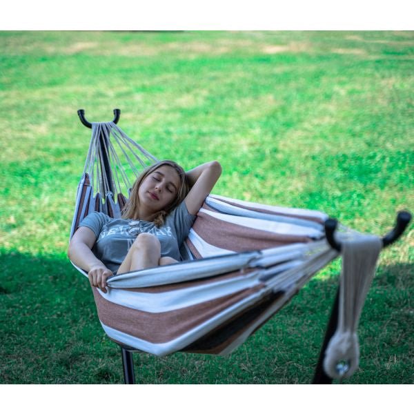 Portable Two Person Grey Tan & White Pattern Outdoor Hammock With Stand - Nature Hills Nursery - Garden Center Item - 