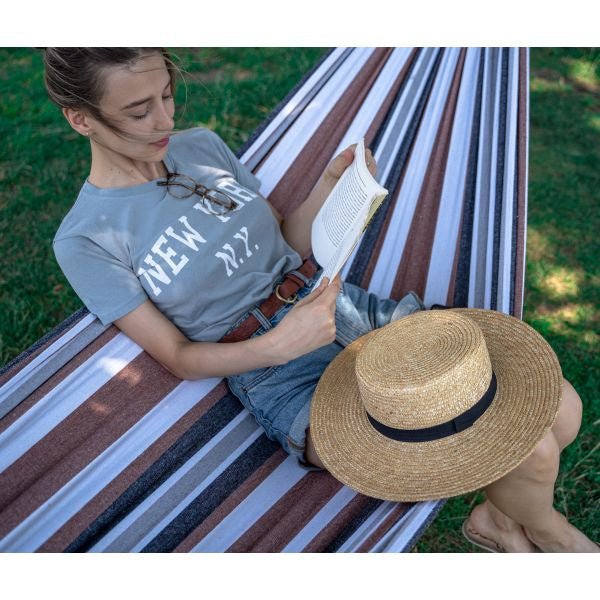 Portable Two Person Grey Tan & White Pattern Outdoor Hammock With Stand - Nature Hills Nursery - Garden Center Item - 