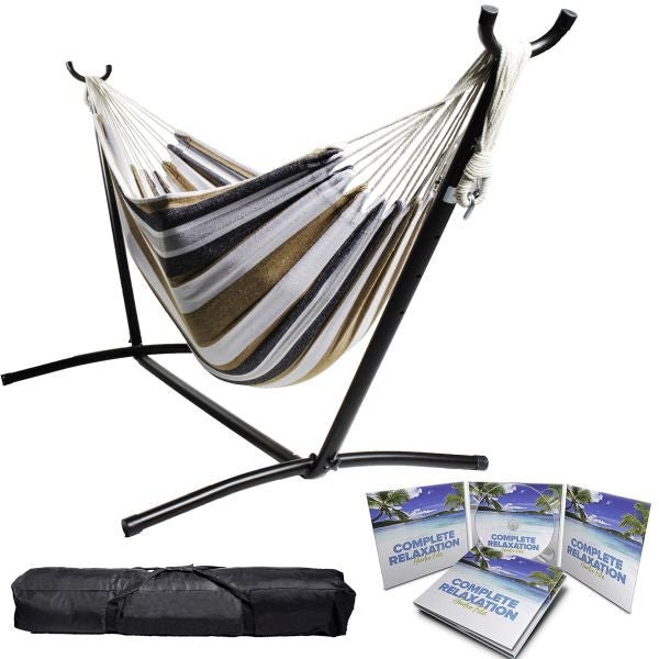 Portable Two Person Grey Tan & White Pattern Outdoor Hammock With Stand - Nature Hills Nursery - Garden Center Item - 