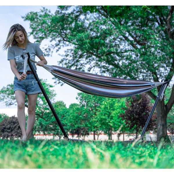 Portable Two Person Grey Tan & White Pattern Outdoor Hammock With Stand - Nature Hills Nursery - Garden Center Item - 