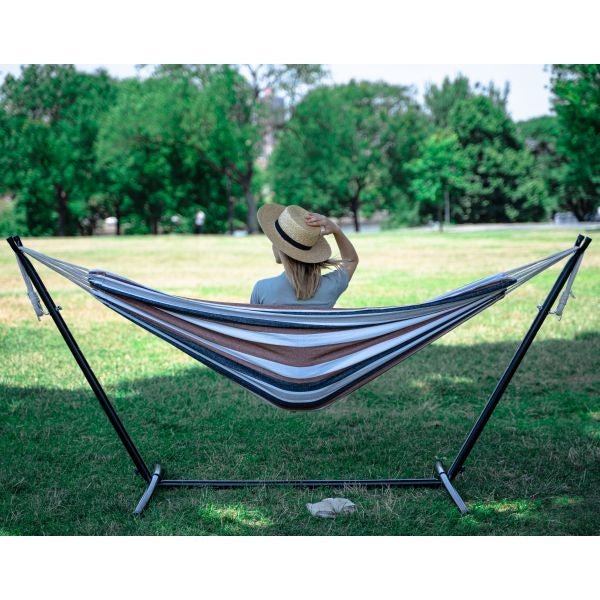 Portable Two Person Grey Tan & White Pattern Outdoor Hammock With Stand - Nature Hills Nursery - Garden Center Item - 