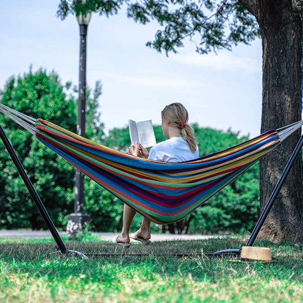 Portable Two Person Rainbow Colors Pattern Outdoor Hammock With Stand - Nature Hills Nursery - Garden Center Item - 