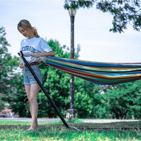 Portable Two Person Rainbow Colors Pattern Outdoor Hammock With Stand - Nature Hills Nursery - Garden Center Item - 
