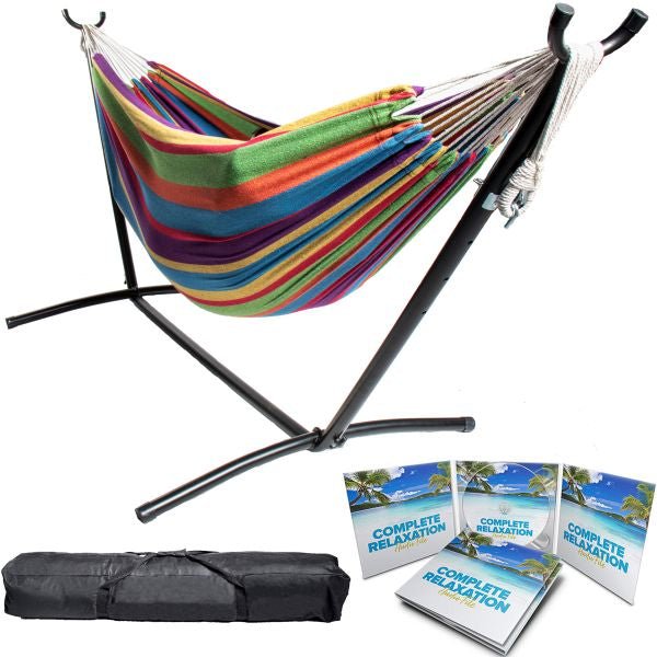 Portable Two Person Rainbow Colors Pattern Outdoor Hammock With Stand - Nature Hills Nursery - Garden Center Item - 