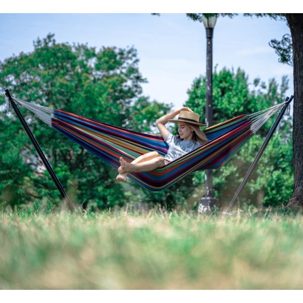Portable Two Person Rainbow Colors Pattern Outdoor Hammock With Stand - Nature Hills Nursery - Garden Center Item - 
