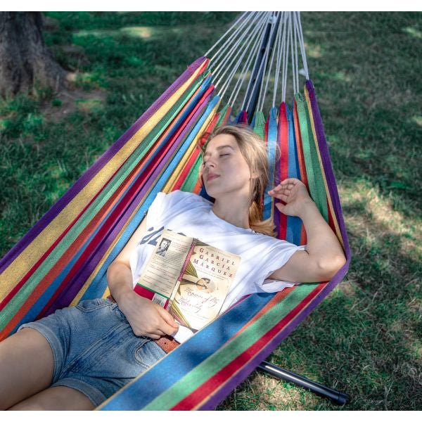Portable Two Person Rainbow Colors Pattern Outdoor Hammock With Stand - Nature Hills Nursery - Garden Center Item - 