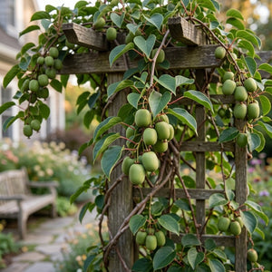 Prolific Hardy Kiwi vine covered in clusters of small green fruit growing on a weathered wooden garden trellis.