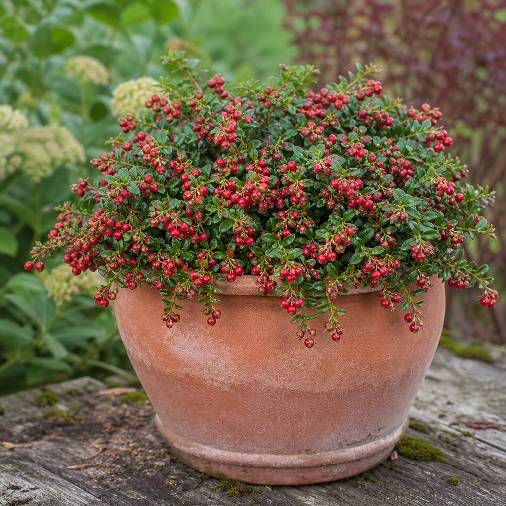 Red Candy Lingonberry in a terracotta pot with glossy red berries and evergreen foliage.