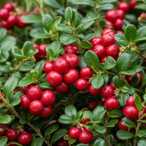 Close-up of Red Candy Lingonberry berries and glossy evergreen leaves in natural light.