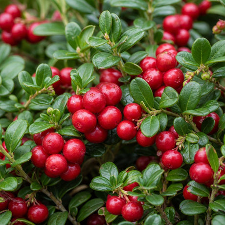 Close-up of Red Candy Lingonberry berries and glossy evergreen leaves in natural light.