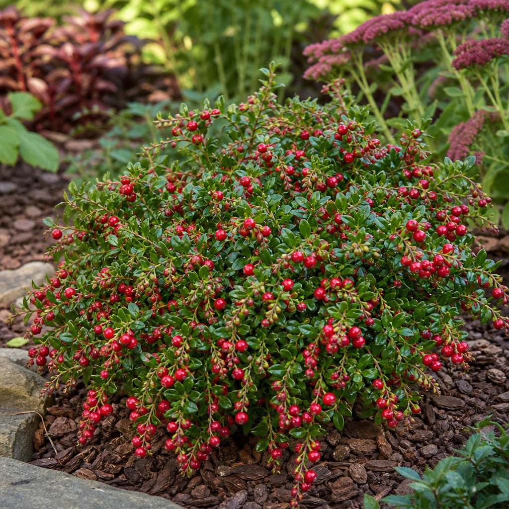 Red Candy Lingonberry bush laden with bright red berries in a residential garden bed.