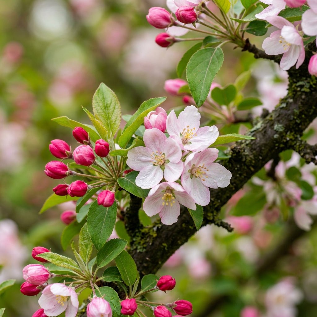 Redbud Crabapple tree branch with deep pink buds and pale pink open blossoms in spring bloom.