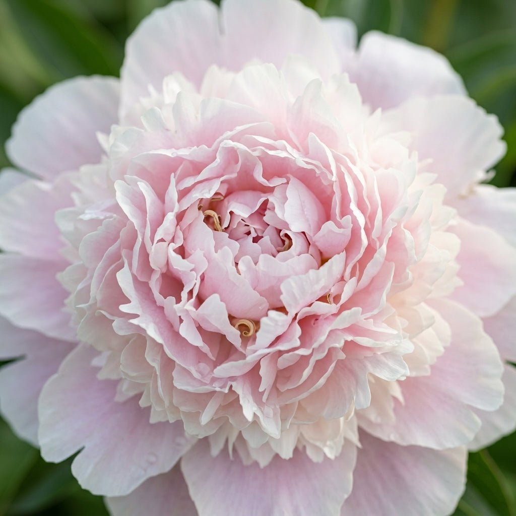 Close-up of a pink Shirley Temple peony flower with a blurred green background