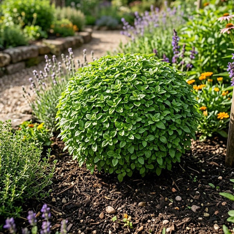 Spicy Globe Basil growing in a rounded mound shape in a mixed herb and flower garden bed.