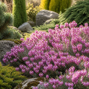 Springwood Pink Winter Heath carpeting a rock garden with rosy-pink blooms among evergreen shrubs.