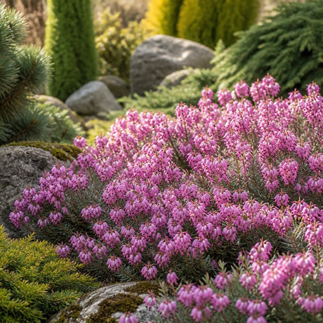 Springwood Pink Winter Heath carpeting a rock garden with rosy-pink blooms among evergreen shrubs.